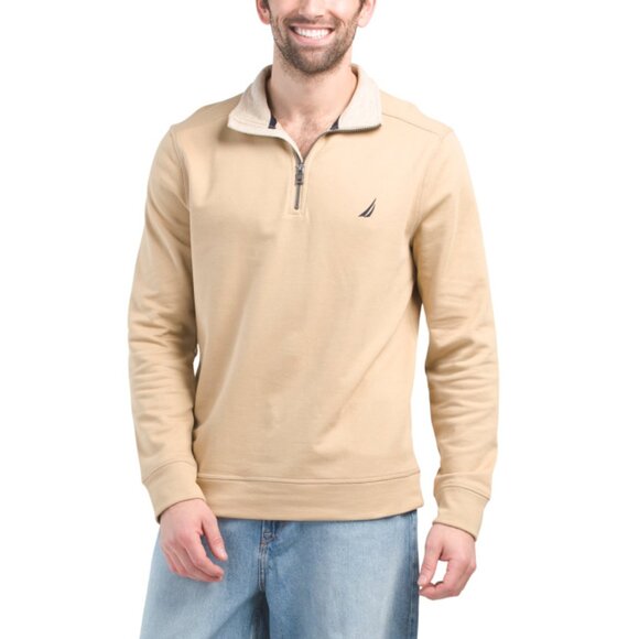 NAUTICA sand Heathered Back Ribbed Knit Quarter Zip Sweatshirt - Picture 1 of 2